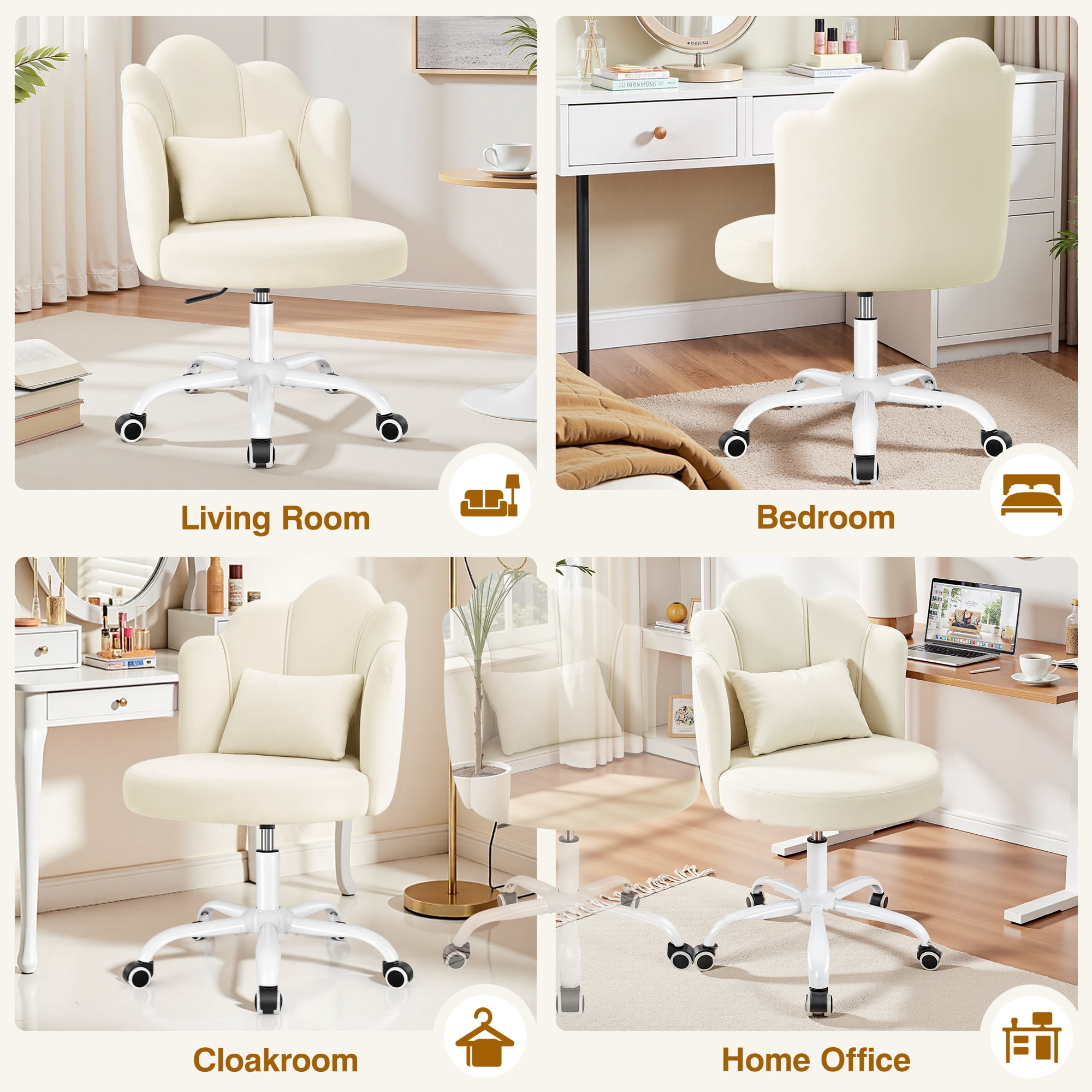 COOLHUT Vanity Chair, Velvet Petal Vanity Makeup Chair with Lumber Support, Home Office Desk Chair with Wheels, Height Adjustable Computer Work Chair for Bedroom, Living Room, Beige