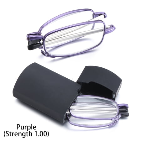 Fashion Alloy Frame Rotation Men and Women Presbyopia Eyeglasses Folding Reading Glasses Includes Glasses Case Telescopic Legs PURPLE (STRENGTH 1.00)