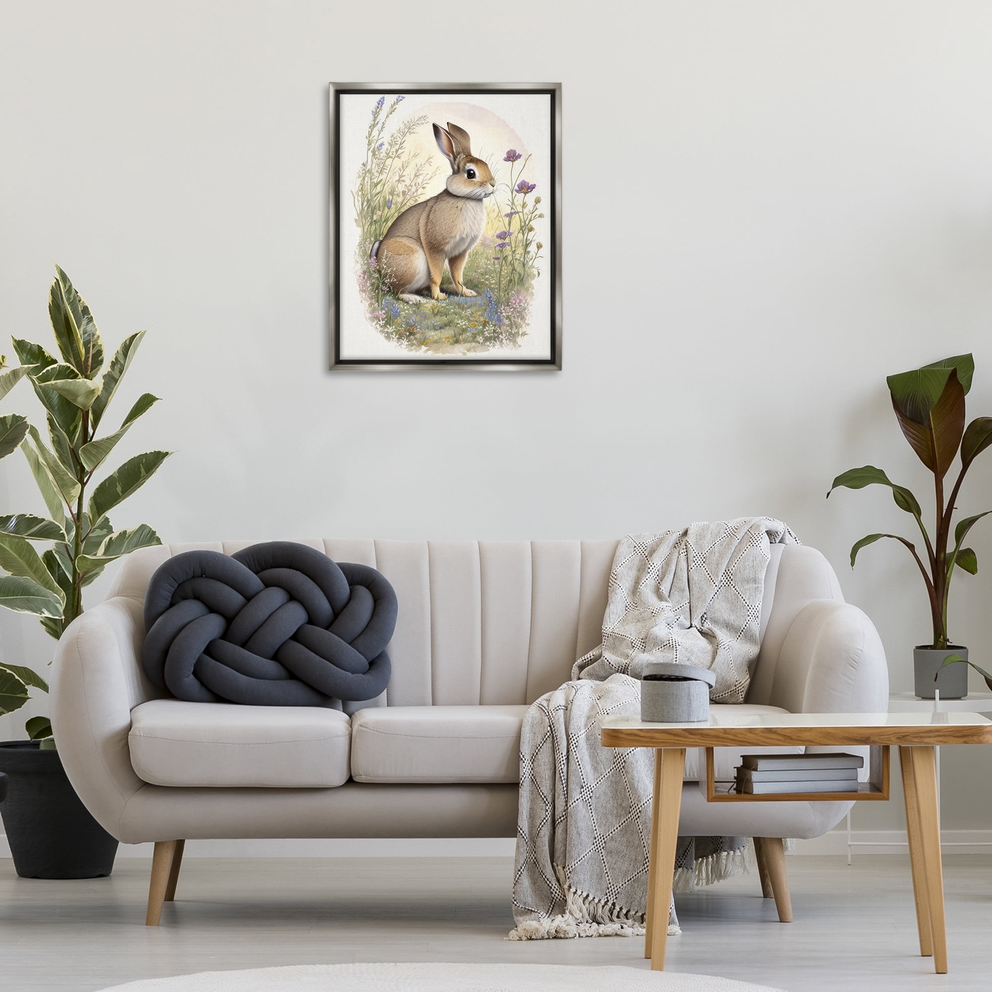 Stupell Industries Rabbit with Meadow Blooms Animals & Insects Painting Gray Floater Framed Canvas Art Print Wall Art, 25 x 31
