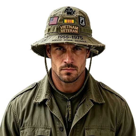 VASHU Vietnam Veteran Tribute Boonie Hat - Premium Embroidered Patriotic Military Bucket Hat - Tactical Outdoor Sun Cap for Fishing, Hiking - Veterans Day Gift for Men