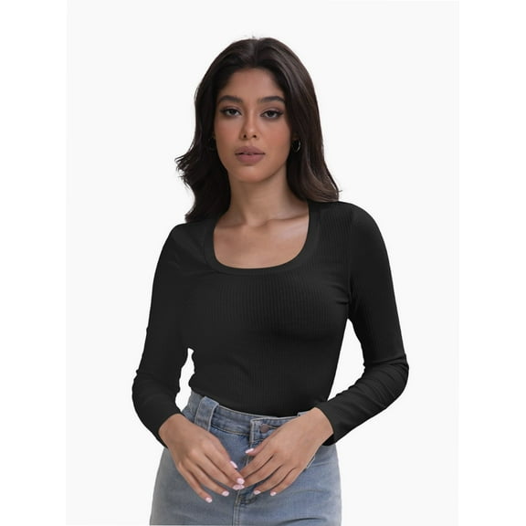 Womens Scoop Neck Long Sleeve Tops Low Cut Slim Fitted Shirts Casual Tee Tshirt