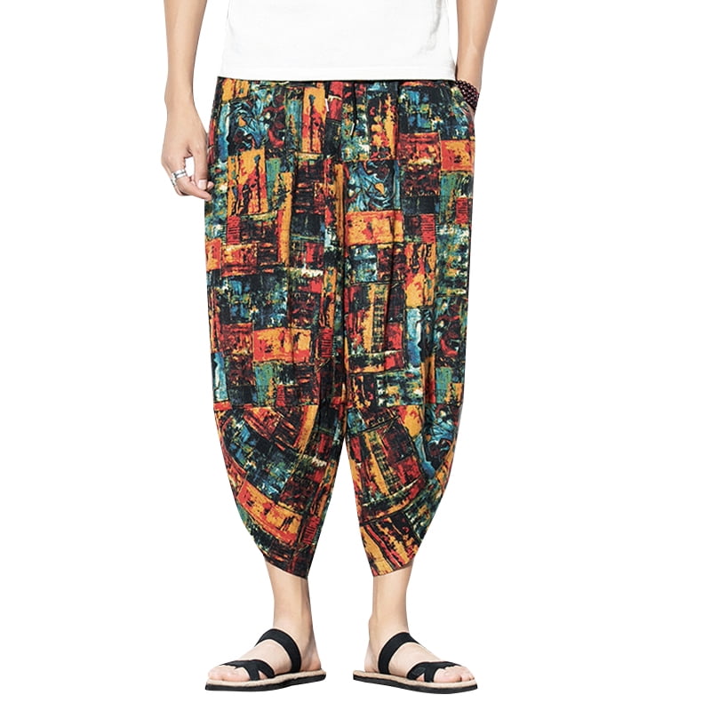 Mens Casual Loose Baggy Harem Pants Hippie Yoga Thai Floral Drop Crotch Trousers 