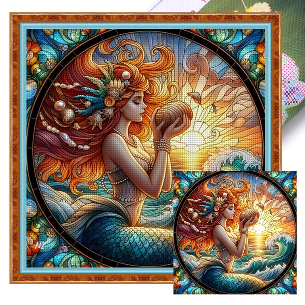 Hilo Algodón Bordado Punto Cruz Sirena Vitral Impreso 11CT 45x45cm