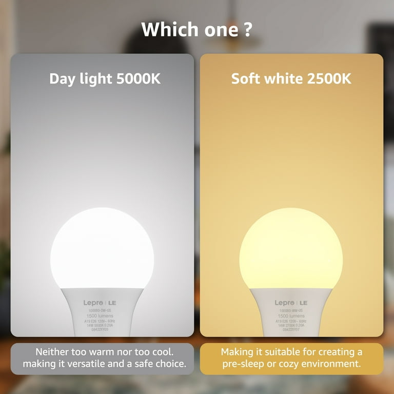 Lepro LED Daylight Light Bulbs 100W Eqv Annual Save 10.32 per 14W 1500 Lumens 5000K Daylight White Non Dimmable A19 E26 Standard Base 15000 Hour