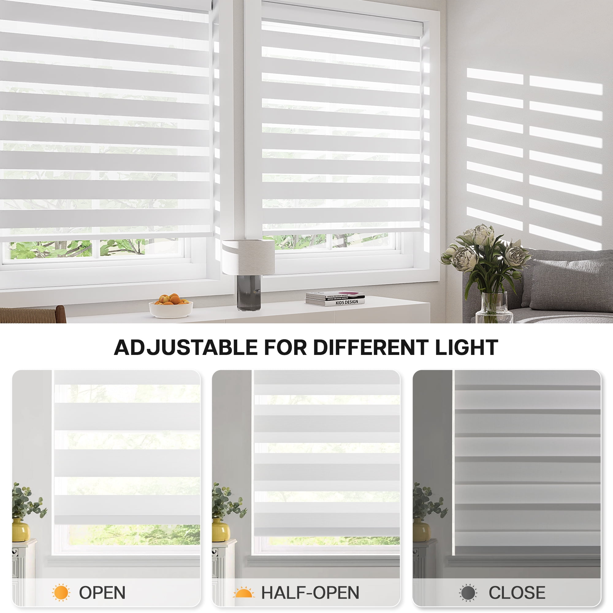 LazBlinds Cordless Zebra Blinds for Windows - Dual Layer Light Filtering & Blackout Roller Shades, Free-Stop Lift System, No Drill Easy Install, Day & Night Privacy with Valance, 35"W X 72"H, White