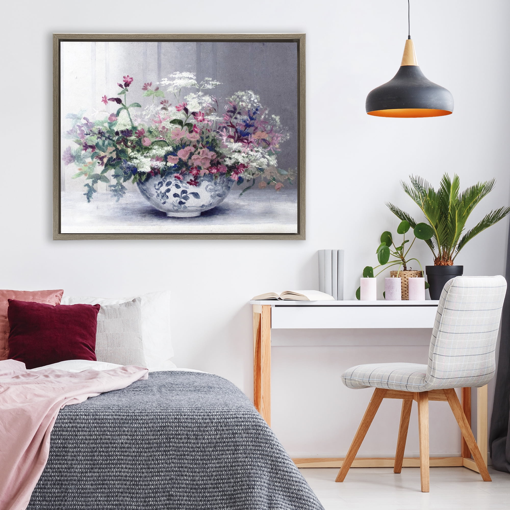 Painterly Elegant Blooms Vase Brown Framed Floater Canvas Wall Art, design by Lettered and Lined