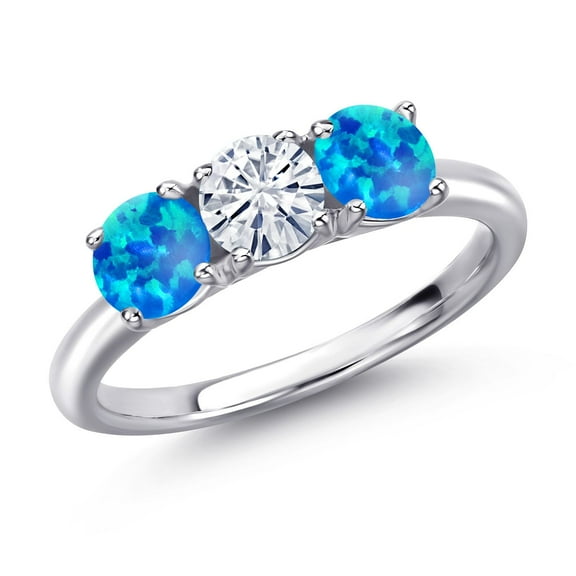 Gem Stone King 925 Sterling Silver White Moissanite and Simulated Blue Opal Engagement Ring for Women | 1.50 Cttw | Round 5MM | Gemstone Birthstone | Size 7