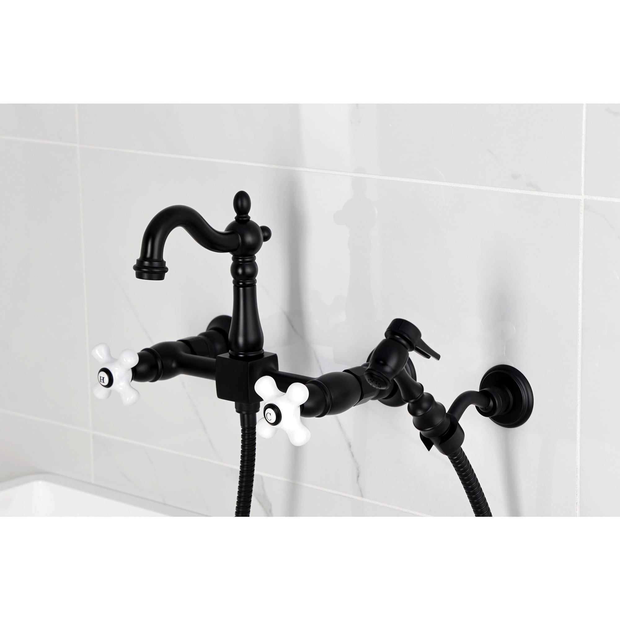 Kingston Brass KS2440PXBS Heritage Double-Handle Wall-Mount Bridge Kitchen Faucet with Brass Sprayer, Matte Black