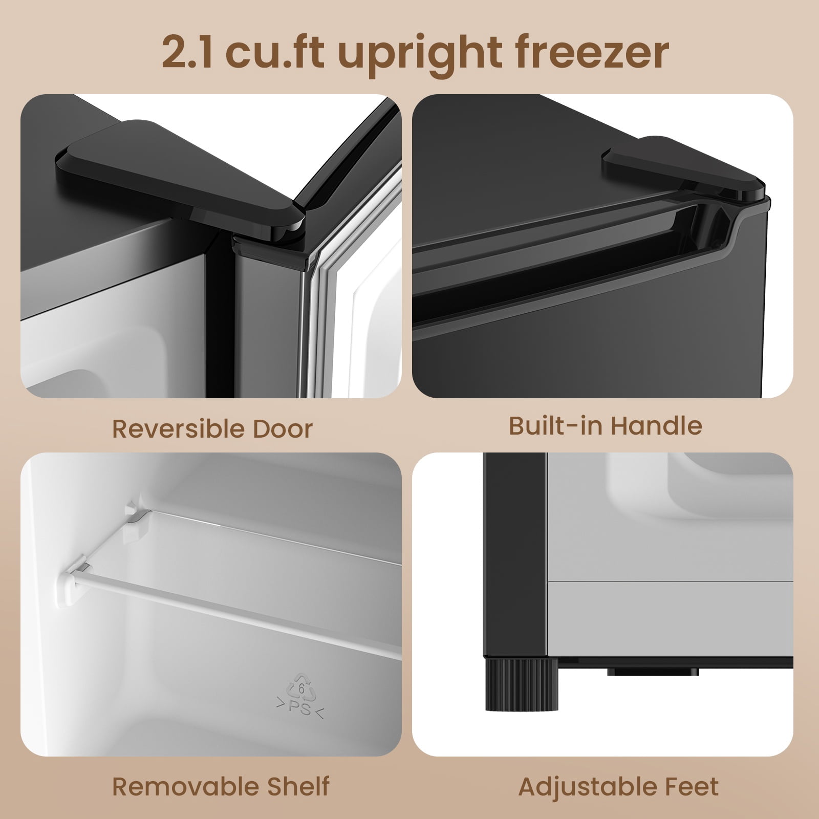 BANGSON 2.1 Cu.ft Upright Freezer, Compact Mini Freezer with Reversible Black Door, Adjustable Thermostat, Removable Shelves, Energy-Saving for Dorm Office Apartment, Black