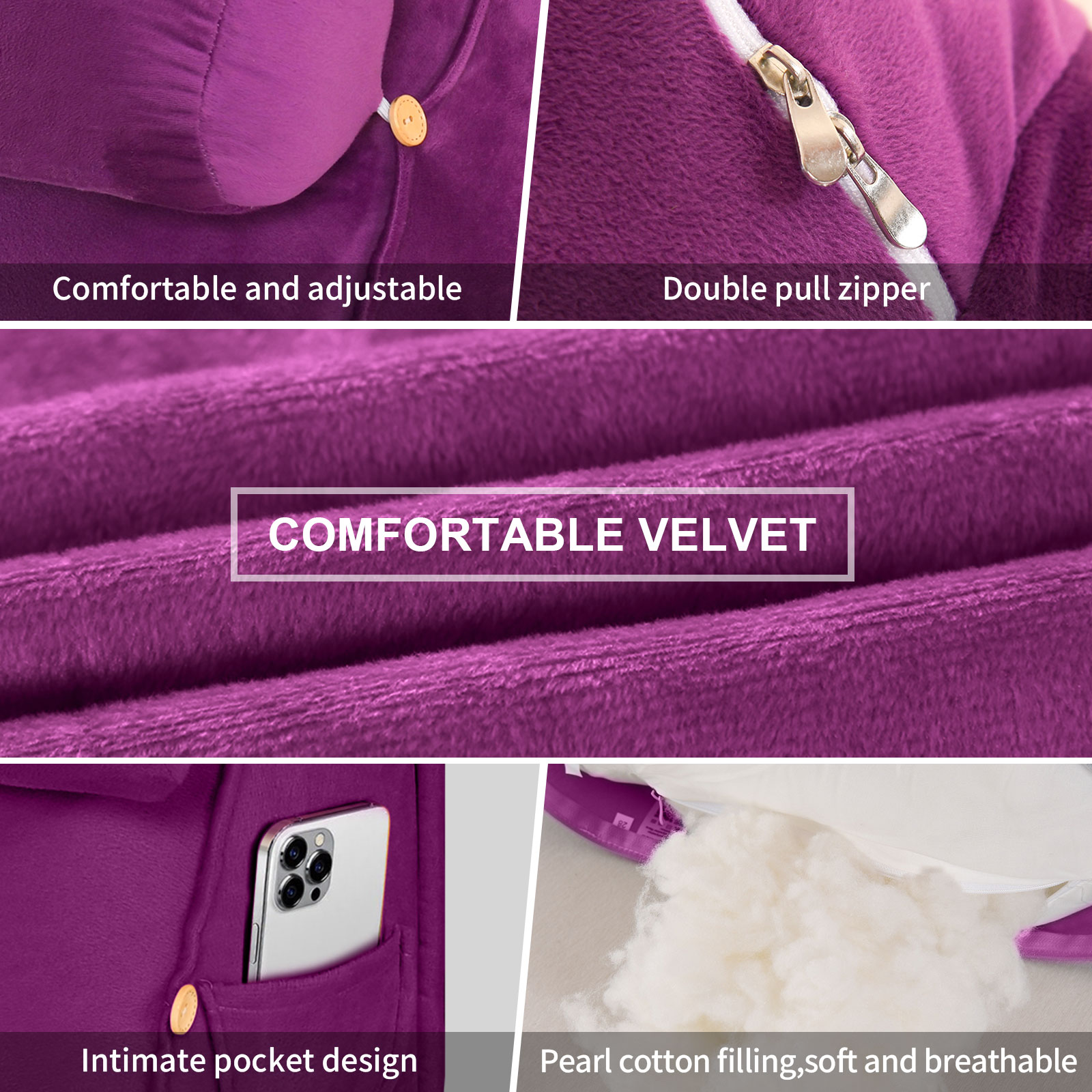 Eurhowing Adjustable Bed Wedge Pillow, Memory Foam Triangular Headboard Pillow with Neck Roll Pillow, Back Support Rest Pillow for Reading & Sleeping, Purple