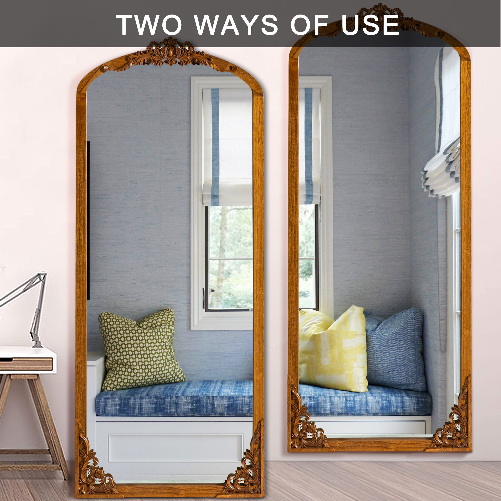 MAYEERTY 65"×22" Gold Solid Wood Full-Length Mirror Right Angles, Carving, Slight Arch for Bedroom