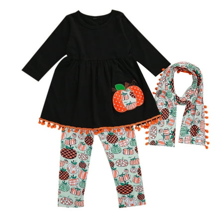 

One opening 3 Pieces Kids Suit Set Floral Print Round Neck Long Sleeve Top+ Trousers+ Scarf Black
