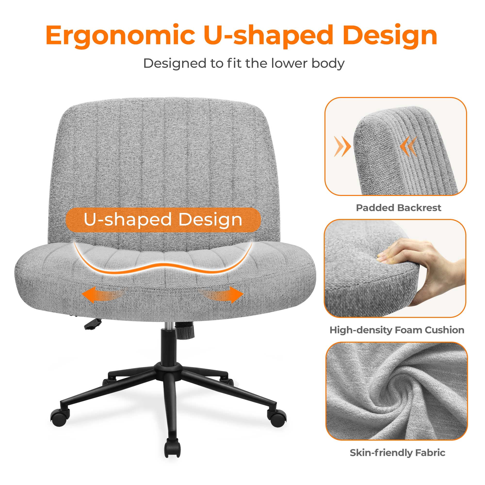 NEO CHAIR Criss Cross Chair with Wheels Armless Cross Legged Office Desk Wide Comfy Vanity Makeup Chair Adjustable Swivel Rolling Computer for Home Office Fabric (Grey Dual Base)