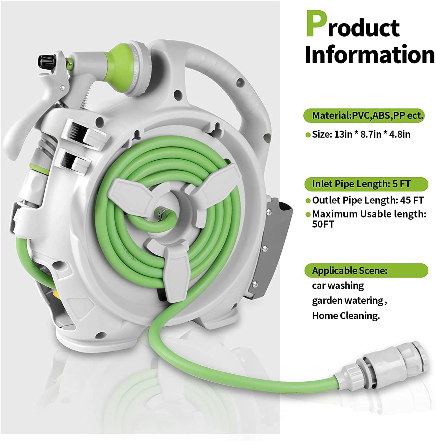 Nib Garden Retractable Hose Reel, Portable Simple Home Hose Reel 45+5 FT with 7 Patterns Spray Nozzle, Wall Mounted and Any Length Lock for Garden Watering, Car Washing, Pet (Green)