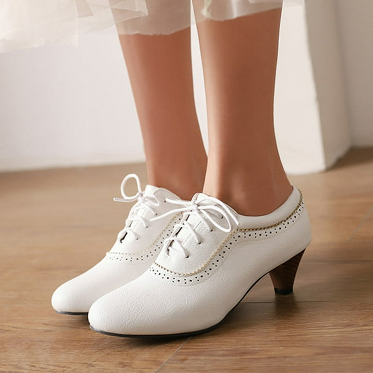 ladies winter white dress shoes Women's Vintage Casual Wingtip Oxfords Dress Shoes Leather Kitten Heels  Winter Spring Fall Short Ankle Booties