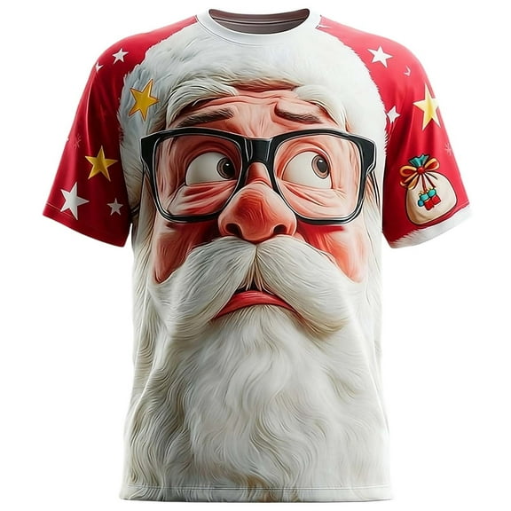 Lumeqa Santa Shirt Men Short Sleeve Graphic Tee Crew Neck Vivid Santa Claus Face 3D Printed T Shirts for Christmas Party