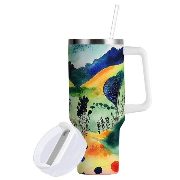 Yayeee 40oz Stainless Steel Tumbler with Straw and Handle Double-Wall Insulated Travel Water Bottle, Art Field