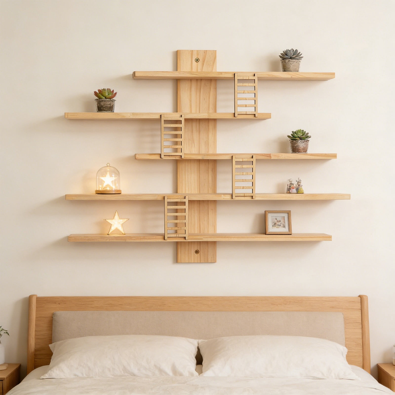 Kumdkd Solid Wood Wall Mounted Shelf 16x16in, Floating Display Shelf for Figurines, Plants, Books - Natural Wood Storage Shelf with 2 Open Compartments, Yellow