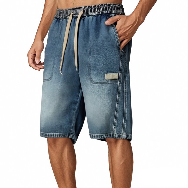 WILLBEST Pantalones Cortos Vaqueros de Verano para Hombre, Pantalones Cortos Vaqueros Desgastados de Corte Holgado E Informal con Cintura Elástica y Cordón Ajustable, Pantalones de Cinco Puntos
