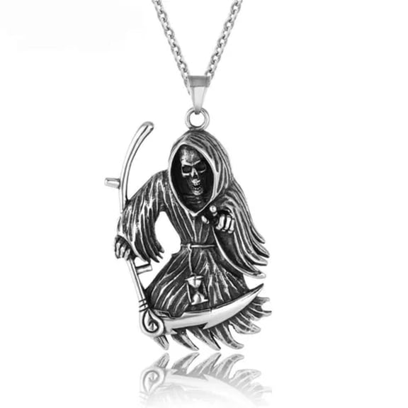 EOEMY Mens Gothic Death Skull Grim Reaper Necklace Pendant Stainless Steel Men