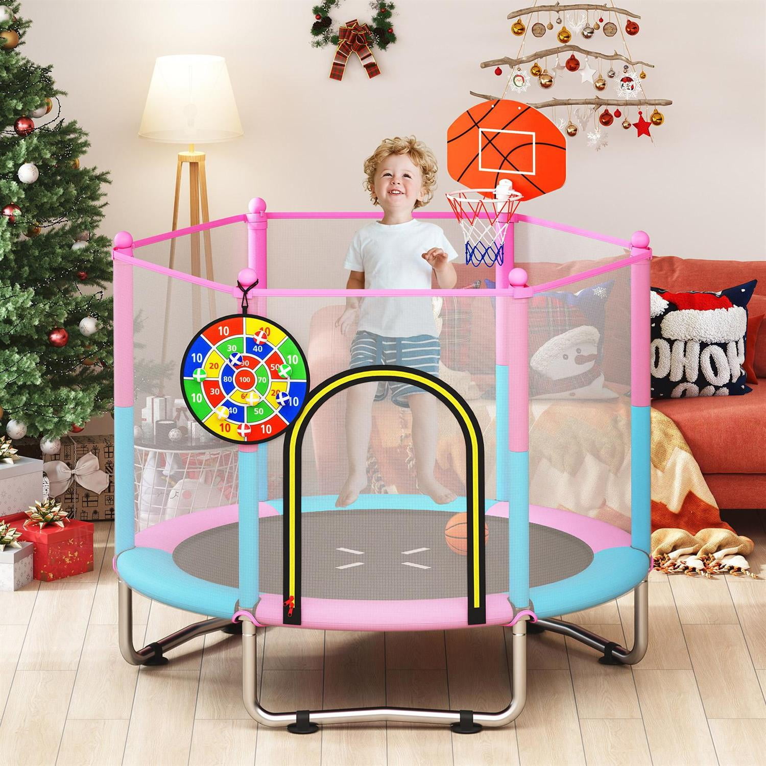 Spaco 60-Inch Toddler Trampoline, Anti-Slip Suction Cups, No-Gap Safety Construction, Integrated Basketball Hoop, Multicolor