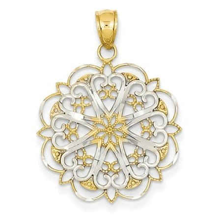14K Yellow Gold and Rhodium Filigree Hearts w/ Scalloped Edge Pendant