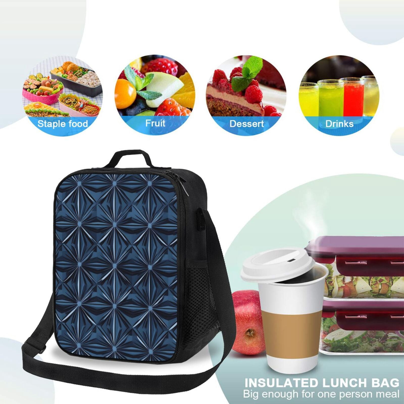 Thermal Insulation One Shoulder Portable Bento Bag Can Be Reused 8×10.5in For Carrying Drinks Bento Box Fruit Snacks Midnightblue Geometric Patterns_1