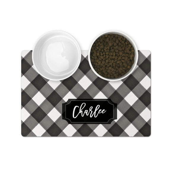 The Navy Knot Personalized Pet Mat - Waterproof & Non-Slip Pet Food Mat with Edges - Cats & Dogs Feeding Mats - Petfood, Water, Dish Bowls Pad - Gifts for Dog & Cat (12x18, Black/White Plaid)