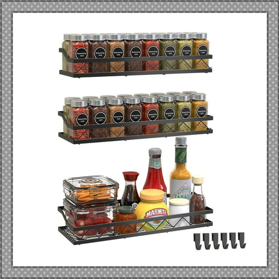 3 Pack Metal Spice Rack Wall Mount Spice Seasoning Jars Shelf for Kitchen Countertop , Black