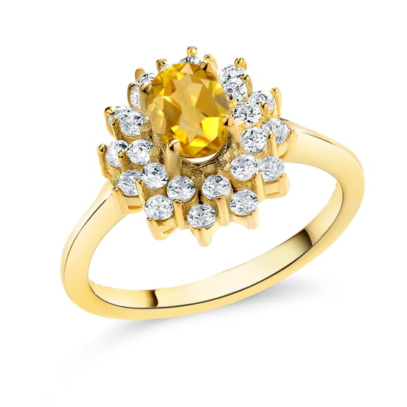 Gem Stone King 1.35 Ct Oval Yellow Citrine 18K Yellow Gold Plated Silver Flower Ring (Size 7)