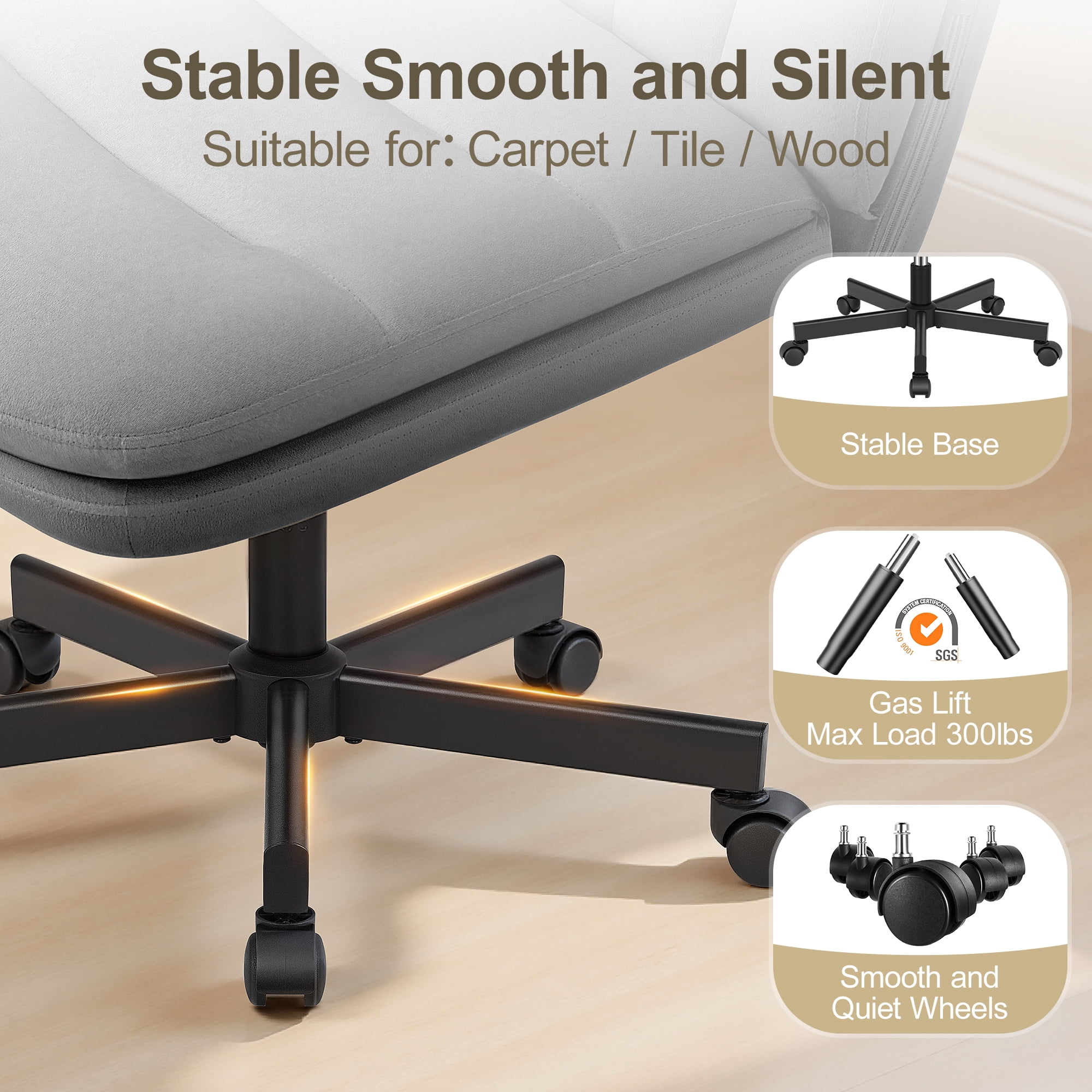 ATHOPE Criss Cross Chair with Wheels, 26"W Cross Legged Office Chair, Armless Vanity Desk Chair with 2 Layer Back & Seat, Swivel Height Ajustable for Home Office Bedroom, Gray Velvet