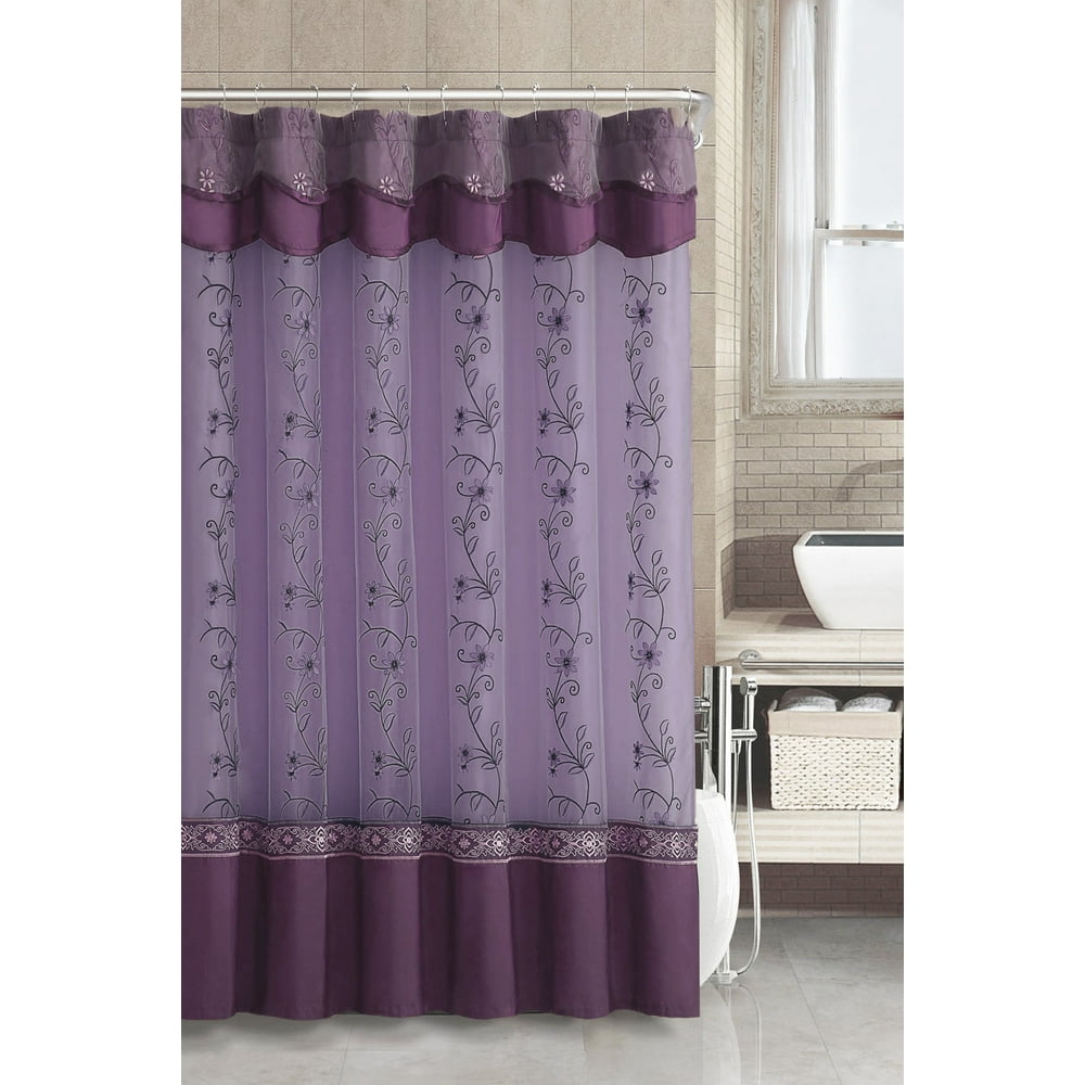 Purple Two-Layered Embroidered Fabric Shower Curtain with Attached ...