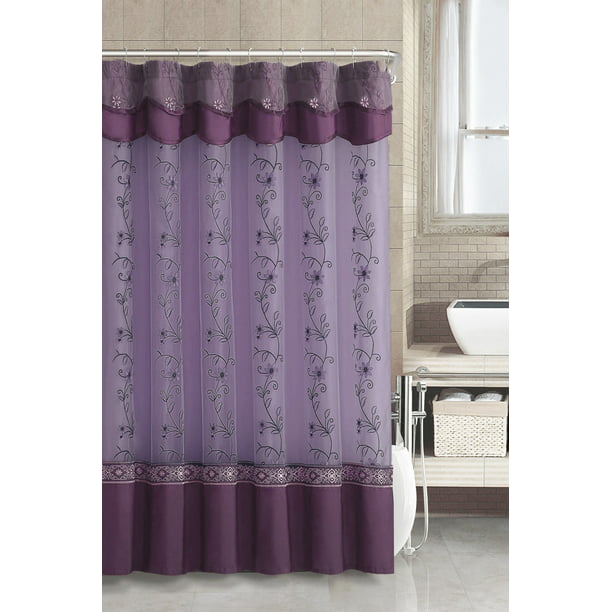 Purple Two Layered Embroidered Fabric, Shower Curtain With Attached Valance