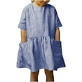 thumbnail image 2 of LADIGASU Middle-aged Children Cotton And Linen Striped Casual Round Neck Short Sleeved Dress With Pockets, 2 of 7