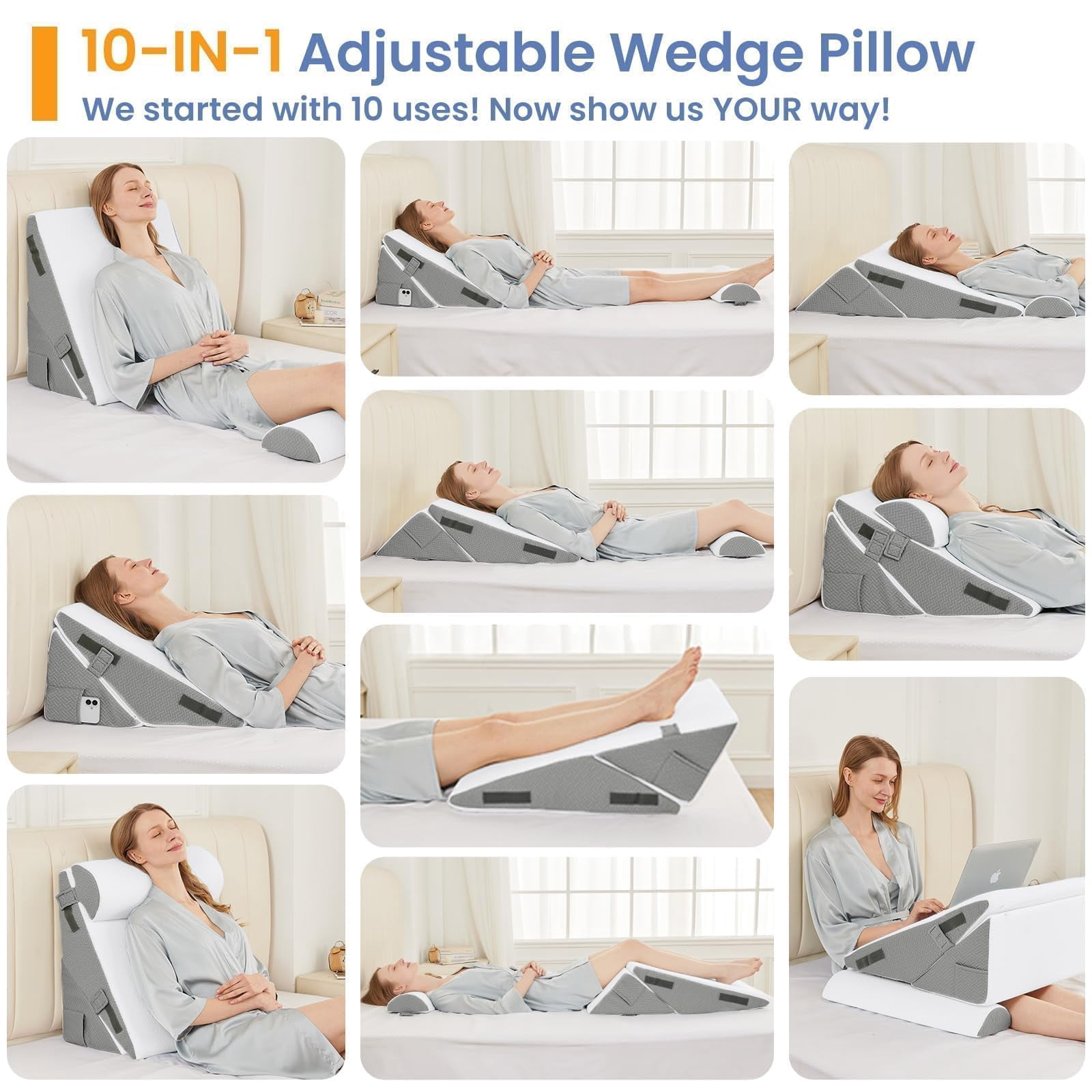 Wedge Pillow Set For After  2pcs Adjustable Bed Headboard With Memory Foam Neck Cushion - Acid Reflux Sleeping & Support Dark Grey White