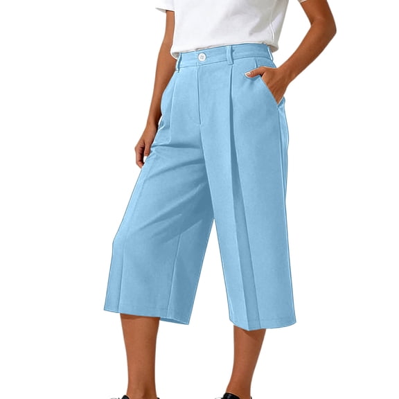 Capri Pants for Women Pleated Business Casual Work Trousers High Waisted Relaxed Fit Dressy Capris with Pockets