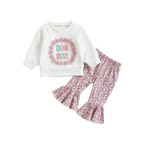 Wassery Sister Matching Outfits Set Infant Baby Long Sleeve Letter Print Sweatshirts Floral Print Flare Pants Toddler Girls 2Pcs Fall Clothes Set 0-4T