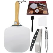 Dinfu Pizza Peel, 12"x14" Foldable Aluminum Pizza Paddle with Pizza Cutter, Basting Brush, Dough Scraper and Serving Tong