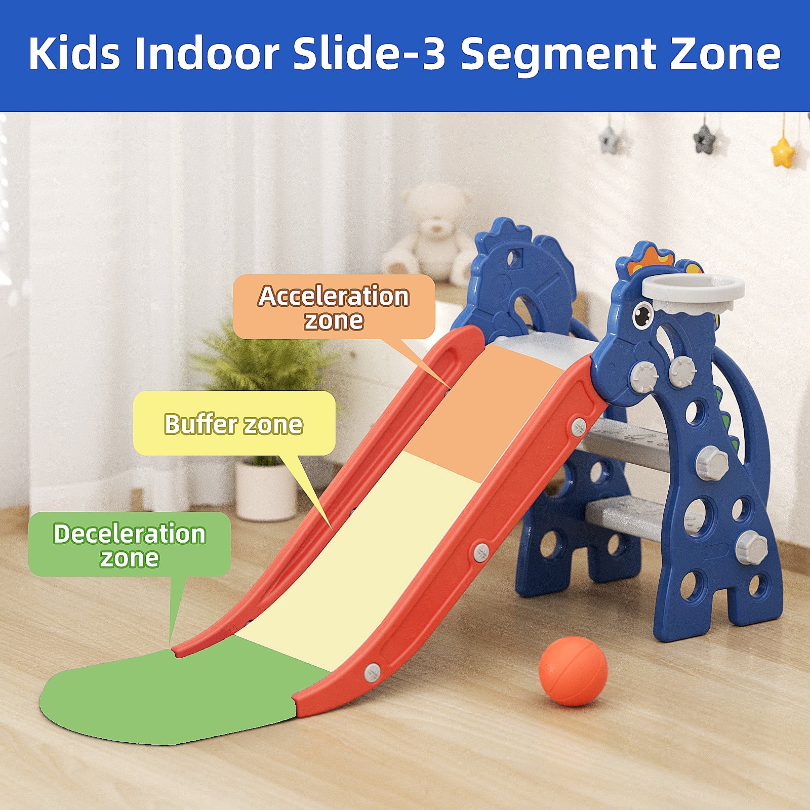 KORIMEFA Toddler Slide Indoor for Toddlers 1-3 Baby Slide Outdoor Playset with Basketball Hoop and Ball Plastic Foldable Slides for Kids Backyard Climber Set, Blue
