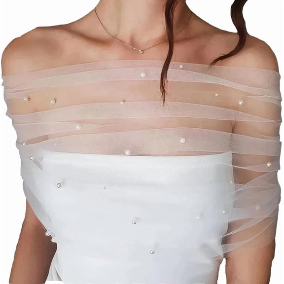 S-39.37inch Bridal Cloak Pearls Wedding Cape White Tulle Shawls Detachable Pearl Capes Wedding Short Shawl WhiteSmoke