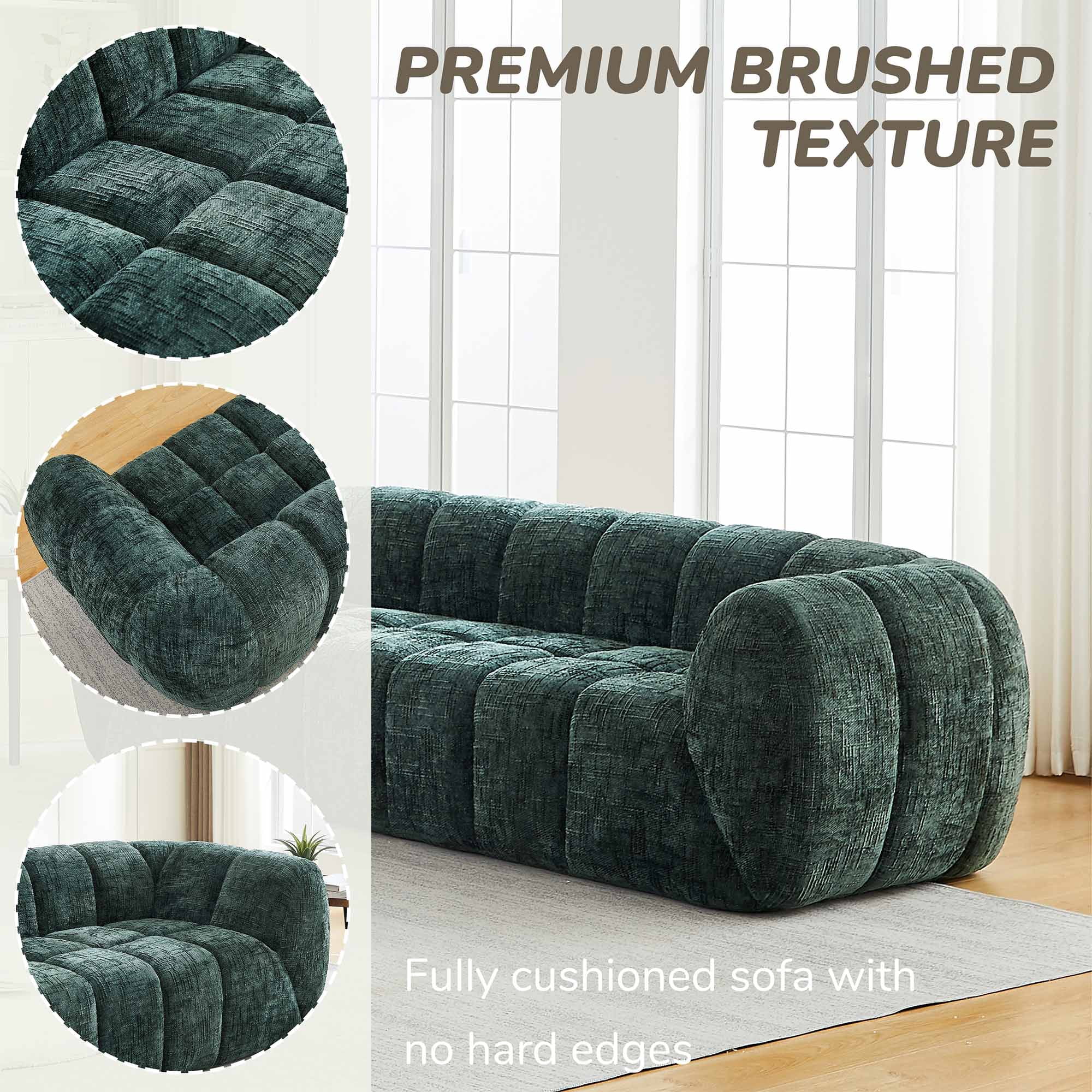 Lunale Small Boneless Sofa, No Assembly Required, 2-Seater Cloud Couch for Living Room, Apartment, Green Chenille