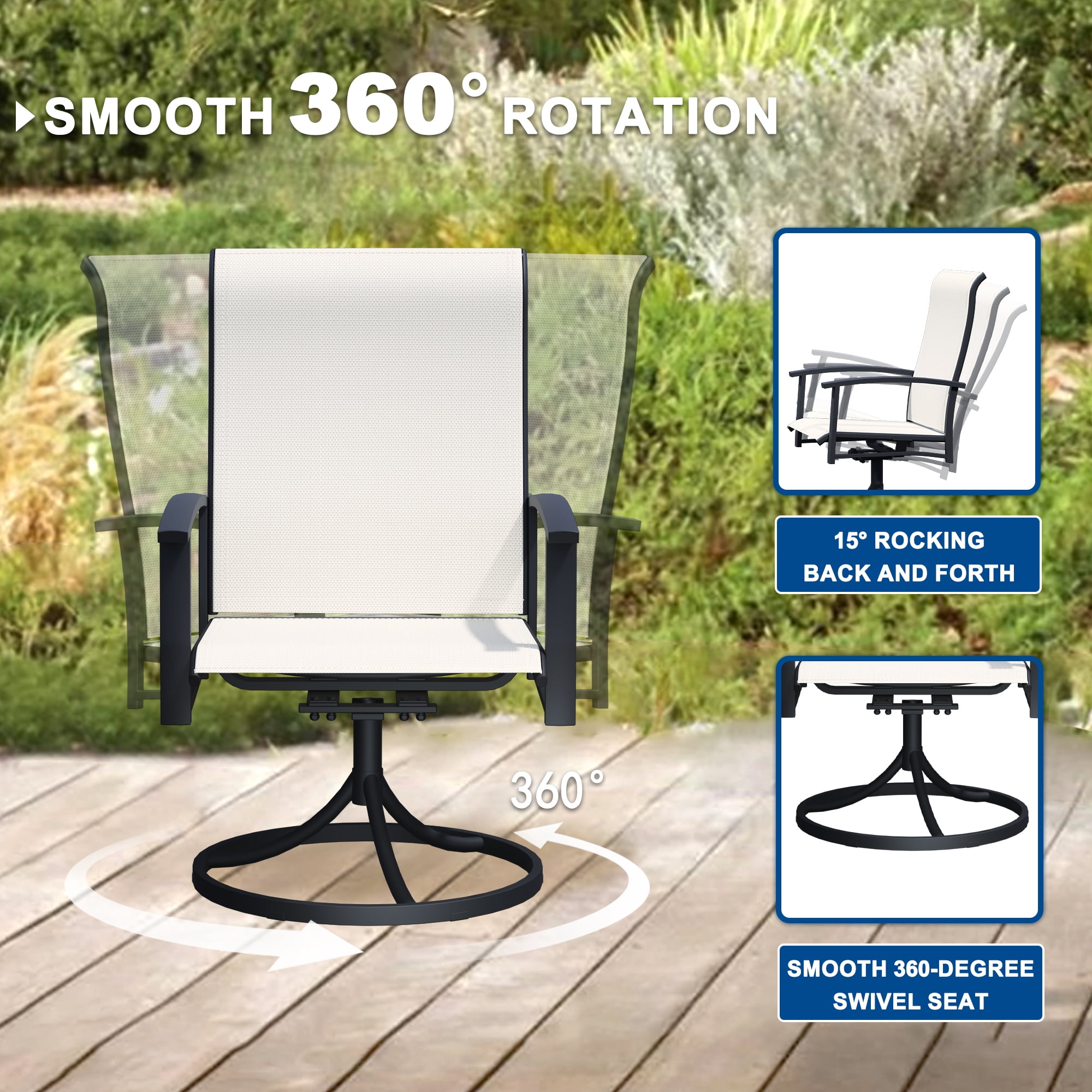 Swivel Patio Chairs Set of 2, Outdoor Metal Dining Armchairs, High Back Ergonomic Design, Beige