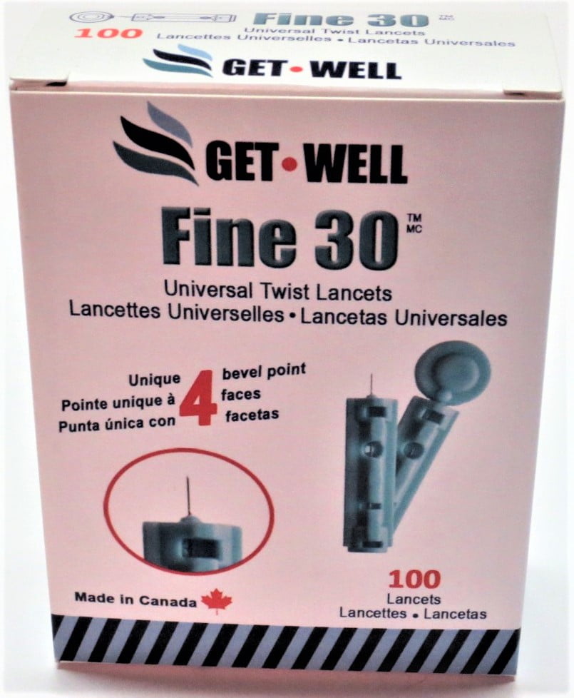 GET•WELL Fine 30g Universal Twist Lancets - Made in Canada ! Unique Quad Bevel Tip Offers Quick Healing & Less Pain !