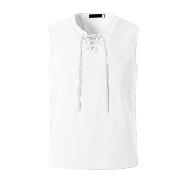Chemises de Travail pour Hommes Débardeurs T Blancs pour Hommes Mode pour Hommes à Cordon Couleur Unie Coton et Lin T-shirt Sans Manches Hauts Camisole Untuckit,White,m