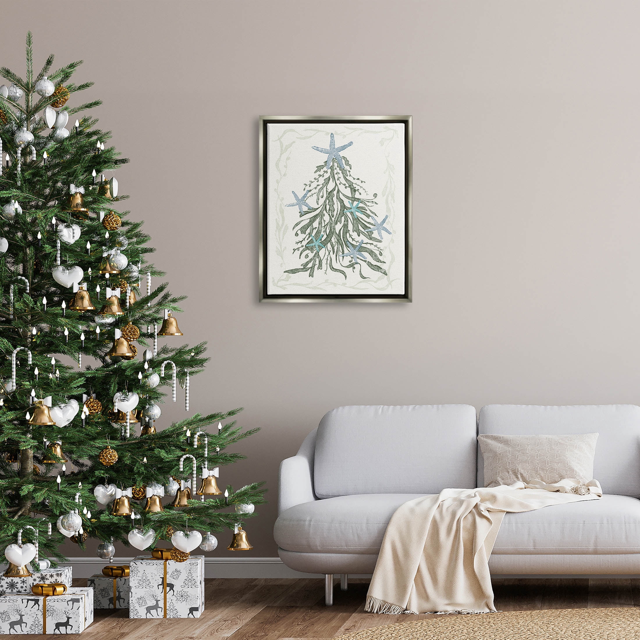 Nautical Christmas Tree Sea Life Holiday Graphic Art Luster Gray Framed Art Print Wall Art