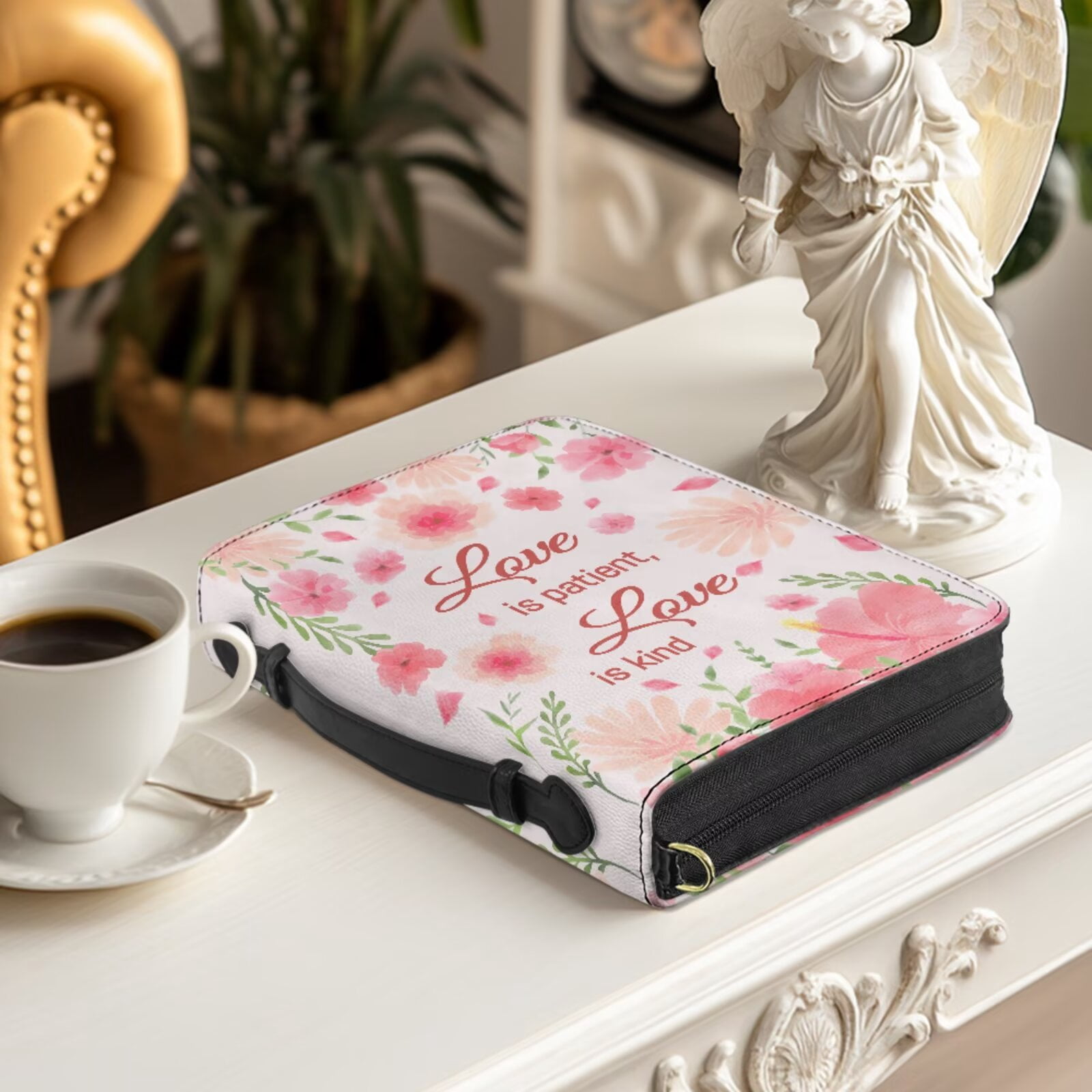 Kuiaobaty Floral Print Bible Cover Case for Women Leather Church Bag Scripture Case with Shoulder Strap Portable Mens Christian Study Accessories with Bookmark for Church, Pink