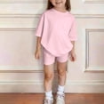 thumbnail image 5 of CPNG Girls Two Piece Sets Kids Solid Color Round-Necked Short Sleeve T-shirt and Elastic Waist Tight Shorts Summer Outfits(Pink,5-6 Years), 5 of 6