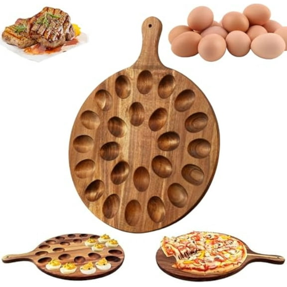 Wooden Egg Tray, 12 in Round Egg Platter with Handle, Reversible 24 Holes Round Egg Holder Container Charcuterie Board, Cheese Serving Tray for Home Kitchen