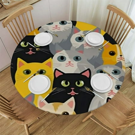 

Xllo0ord Cute Cartoon Cat Elastic Edged Round Fitted Table Cloth Cover Waterproof Wrinkle Free Round Tablecloth Home Decorative Tablecloth for Indoor Outdoor Kitchen Party 31 -35
