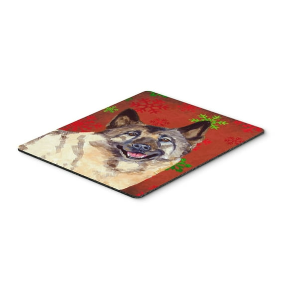 "Norwegian Elkhound Red and Green Snowflakes Holiday Christmas Mouse Pad Hot Pad or Trivet"